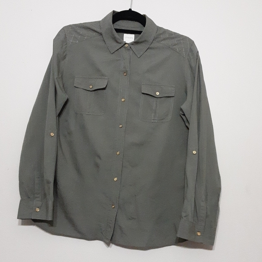 Chico's women casual shirt button up embroidery details 1 green office vacation